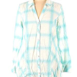 Soft Surroundings Cotton 3/4 sleeve button-down shirt soft tuquoise & white M